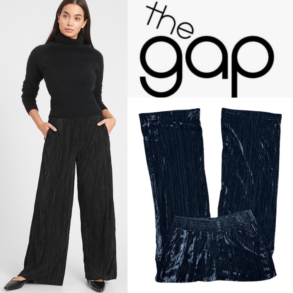 GAP HIGH RISE BLACK CRINKLE VELVET PULL ON WIDE LEG PANTS IN TALL